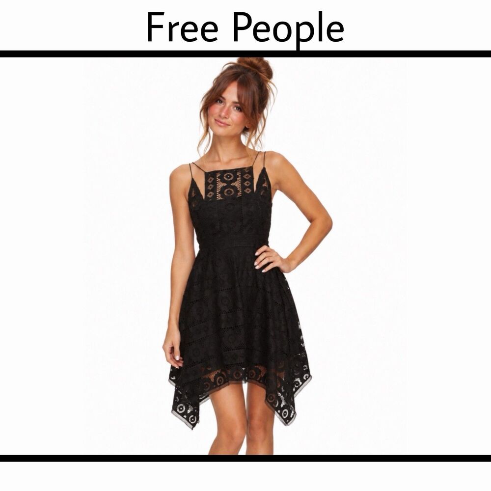 Free People Just Like Honey Lace Black Mini Dress Handkerchief Hem Womens Size 0